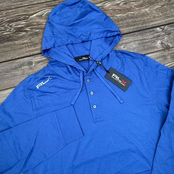 RLX Ralph Lauren Men's Blue Golf Hoodie Long Sleeve Button Henley Size Large NEW